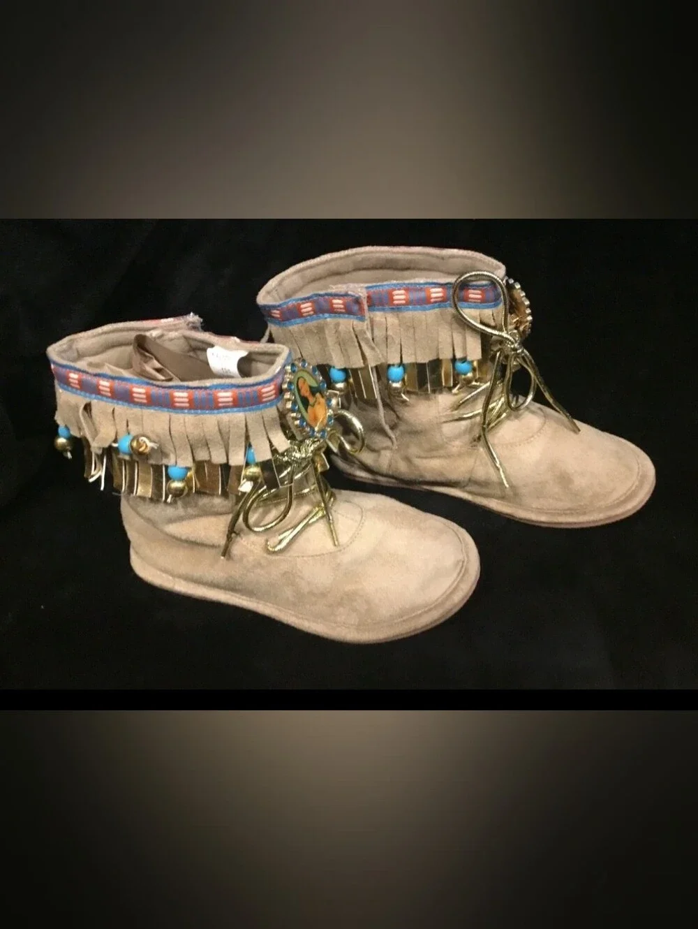 Fringed Suede Boho Ankle Boots with Turquoise Beads Size 9 Disney